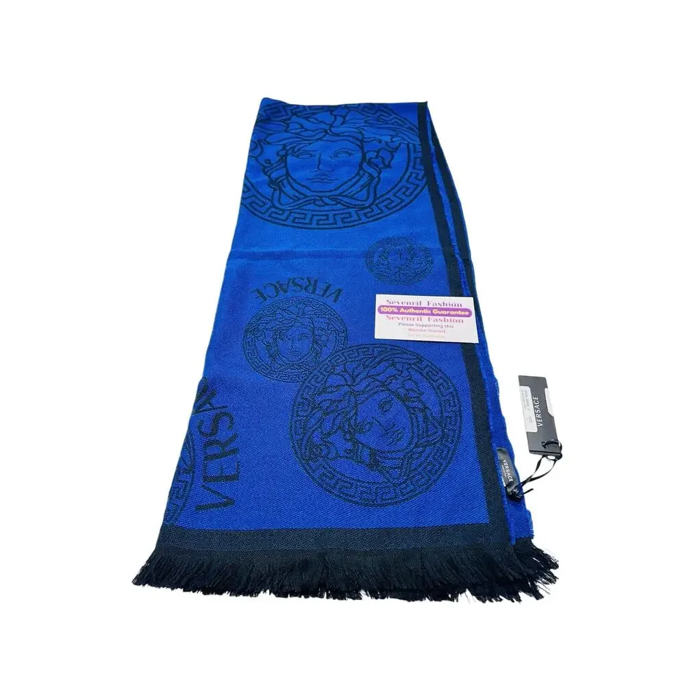 NWT Versace Medusa Reversible Wool Black Blue Knit Scarf Shawl Size 70